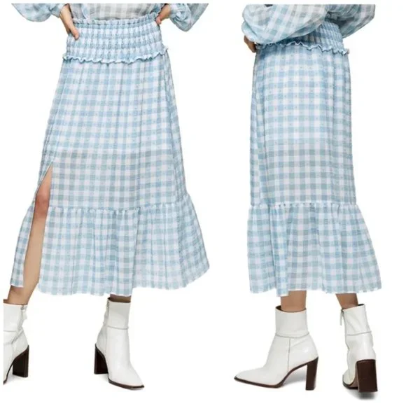 Topshop Blue Gingham Smocked Tiered Midi Skirt 6 - Picture 2 of 11
